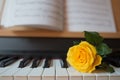 Piano keyboard with music book and yellow rose Royalty Free Stock Photo