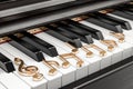 Piano keyboard with music notes, music concept. 3D rendering