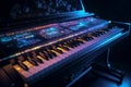 Piano Keyboard with neon lights illumination. Cyberpunk musical concept of piano background Royalty Free Stock Photo