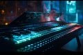 Piano Keyboard with neon lights illumination. Cyberpunk musical concept of piano background Royalty Free Stock Photo