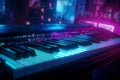 Piano Keyboard with neon lights illumination. Cyberpunk musical concept of piano background Royalty Free Stock Photo