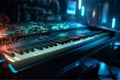 Piano Keyboard with neon lights illumination. Cyberpunk musical concept of piano background. Royalty Free Stock Photo