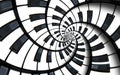 Piano Keyboard Printed Music Abstract Fractal Spiral Pattern Background. Black And White Piano Round Spiral. Spiral Stair Effect.