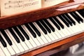 Piano keyboard with sheet music and with selective focus and blurred background Royalty Free Stock Photo