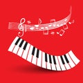 Piano Keyboard with Staff on Red Background. Royalty Free Stock Photo