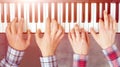 Piano Keyboard top View Hands of Man and Woman playing