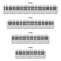 Piano keyboards in standard 88 key, 76 key, 61 key and 49 key layouts, with labels, isolated vector illustration Royalty Free Stock Photo