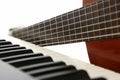 Piano keys and classical guitar close up on white background Royalty Free Stock Photo