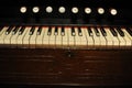 Piano keys or keyboard of old, historic clavichord or harpsichord. Close-up photo with selective focus and shallow depth of field