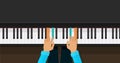 Piano keys with person hands learning play chords vector illustration, flat cartoon piano keyboard lesson app for