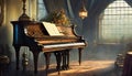 piano in a large gothic room