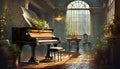 piano in a large gothic room