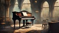 piano in a large gothic room