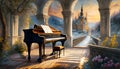 piano in a large gothic room