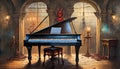 piano in a large gothic room