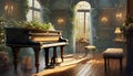 piano in a large gothic room