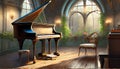 piano in a large gothic room