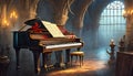 piano in a large gothic room