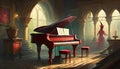 piano in a large gothic room