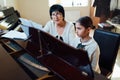 Piano lessons at music school, teacher and student.