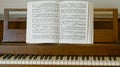 Upright piano with music book