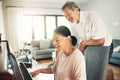 Piano, music and a senior asian couple in their home together for love or romance in retirement. Smile, art or creative Royalty Free Stock Photo