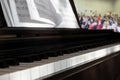 piano and notes at the concert and blurred background the audience in the hall