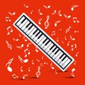 Piano with Notes on Red Background Royalty Free Stock Photo