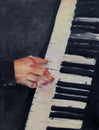 Piano Oil Painting, hand playing the keys of the piano