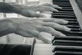 Piano Player Hand on Electric Piano in Zoom View and Vintage Tone