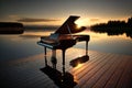 Piano sitting on a dock at the sunset. Generative AI. Beautiful scenery. Instrument