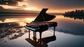 Piano sitting on a dock at the sunset. Generative AI. Beautiful scenery. Instrument