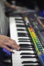 the piano on stage in the spotlight