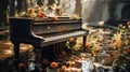A piano surrounded by flowers