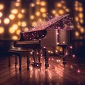 Piano surrounded by thousands of twinkling lights.