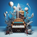 a piano surrounded by various objects