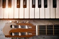 Piano and tuning peg guitar and sheet music background top Royalty Free Stock Photo