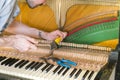 Piano tuning process. closeup of hand and tools of tuner working on grand piano. Detailed view of Upright Piano during a tuning Royalty Free Stock Photo