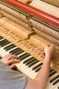 Piano tuning process. closeup of hand and tools of tuner working on grand piano. Detailed view of Upright Piano during a tuning. Royalty Free Stock Photo