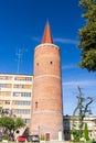 Piast Tower in Opole on blue sky and fragment of the Opole Voivodeship Office, Poland