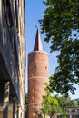 Piast Tower in Opole on blue sky and fragment of the Opole Voivodeship Office, Poland