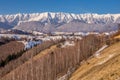 Panoramic view of Piatra Craiului Mountains, view from Pestera, Transylvania, Romania Royalty Free Stock Photo