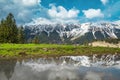 Piatra Craiului mountains view from the small lake, Carpathians, Romania Royalty Free Stock Photo