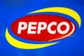 PIATRA NEAMT, ROMANIA- 27.07.2019. Sign Pepco. Company signboard, logo Pepco. European shop network with clothes and home items Royalty Free Stock Photo