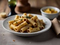 Piatto di deliziosi rigatoni alla carbonara, una ricetta tradizionale di pasta con salsa di uovo