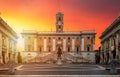 Piazza del Campidoglio, on the top of Capitoline Hill, with Palazzo Senatorio and the equestrian statue of Marcus Aurelius. Royalty Free Stock Photo