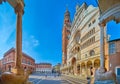 Piazza del Comune with lion statues of Baptistery, Cremona, Italy Royalty Free Stock Photo