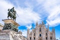 Piazza del Duomo skyline with the duomo, cathedral of Milan and the statue of King Victor Emmanuel II of Italy in Milan, Lombary, Royalty Free Stock Photo