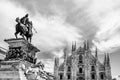 Piazza del Duomo skyline with the duomo, cathedral of Milan and the statue of King Victor Emmanuel II of Italy in Milan, Lombary, Royalty Free Stock Photo