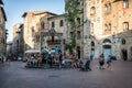 Piazza della Cisterna in center old town of San Gimignano, Italy Royalty Free Stock Photo
